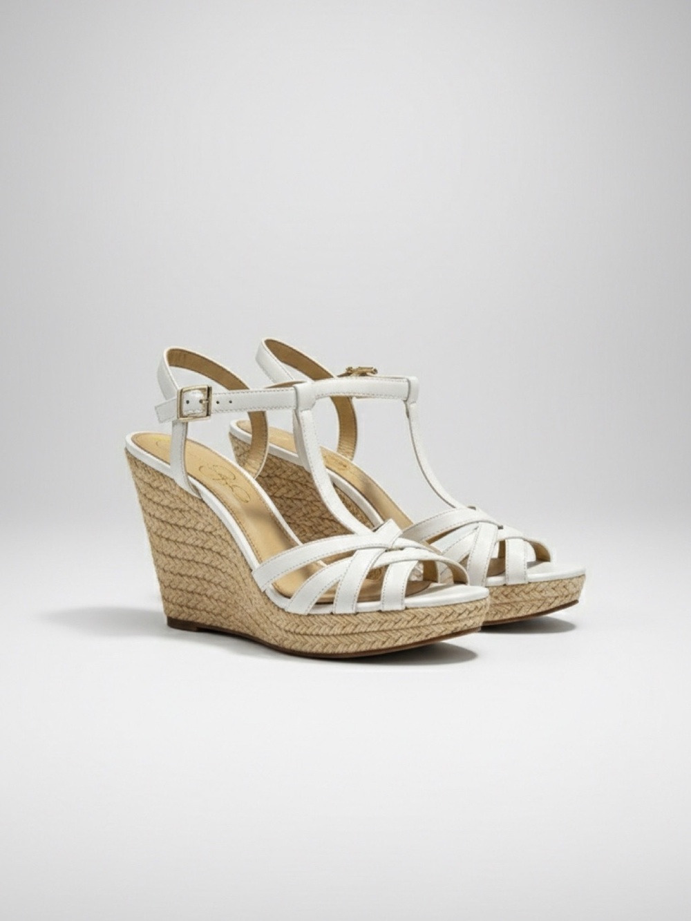 Jessica Simpson White Leather T-Strap Espadrille Wedges